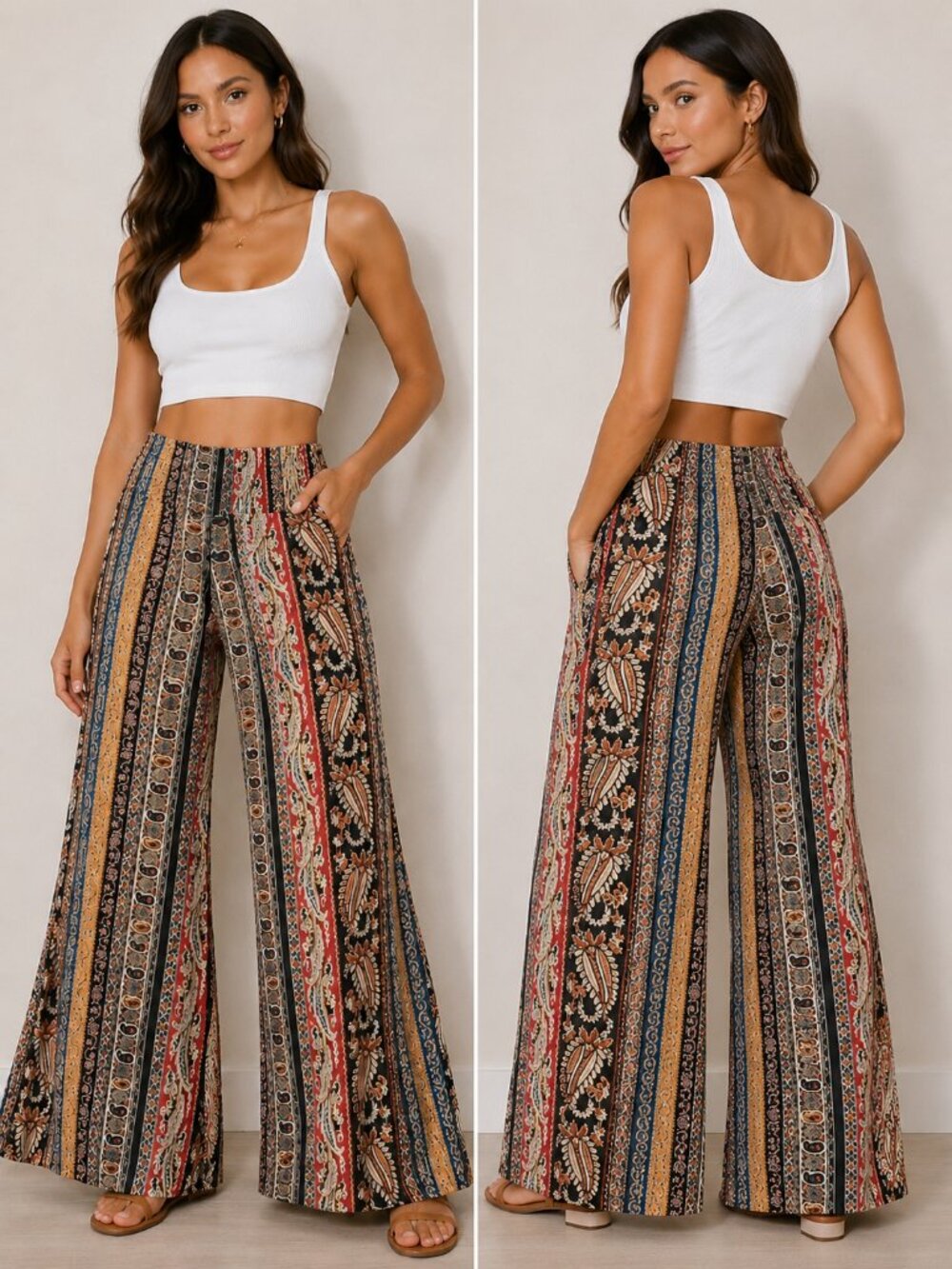 Boho Paisley Wide Leg Pants Fold Over Waist Multicolor Festival Sz S
